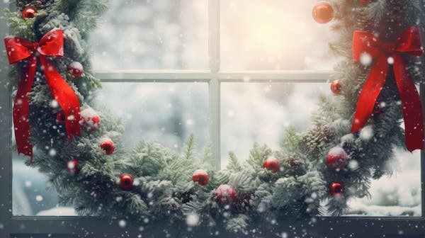 snowy winter wreath in window