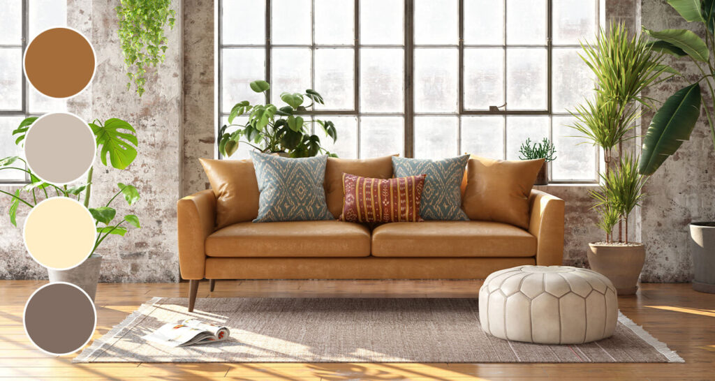 bright living room with brown couch in earth neutrals